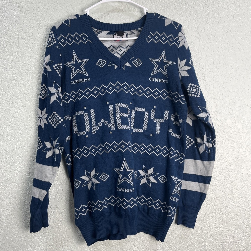 Dallas Cowboys‎ NFL Football Holiday Ugly Christmas Sweater Navy Gray S Light UP